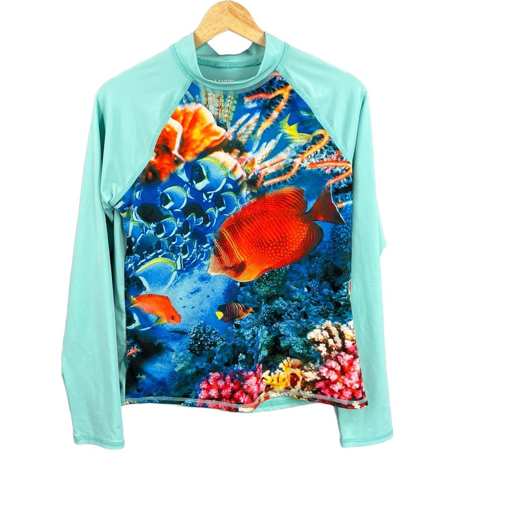 Lands’ End Kids Rash Guard Swim Shirt XL 14-16 Coral Reef Ocean Fish Long Sleeve